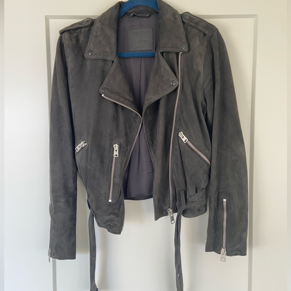 All Saints Gray Leather Motorcycle Jacket with Asymmetrical Design